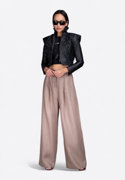 Women’s designer leather jacket, stylish front-side pose – East Vibe